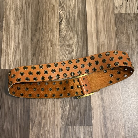 Vintage Genuine Leather Brass Buckle Multiple Grommets Suede Adjustable Belt - Picture 5 of 12
